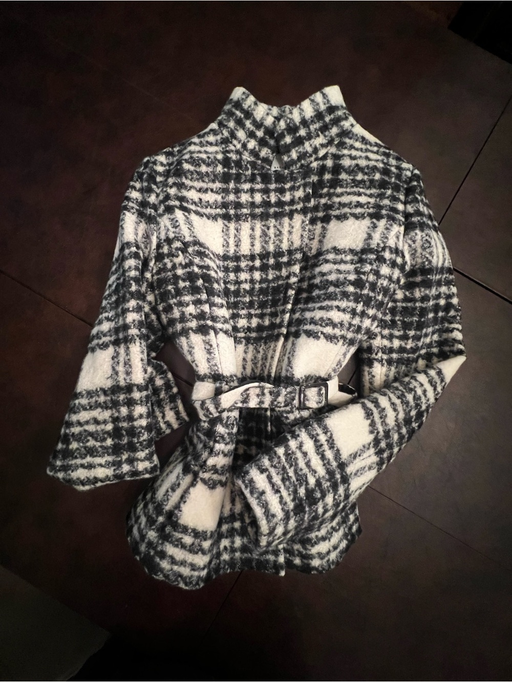 Banana Republic Black and White Plaid Belted Pea Coat with High Collar